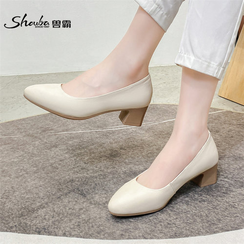 兽霸女鞋头层牛皮职业鞋通勤风百搭上班族银行空姐粗跟高跟鞋女