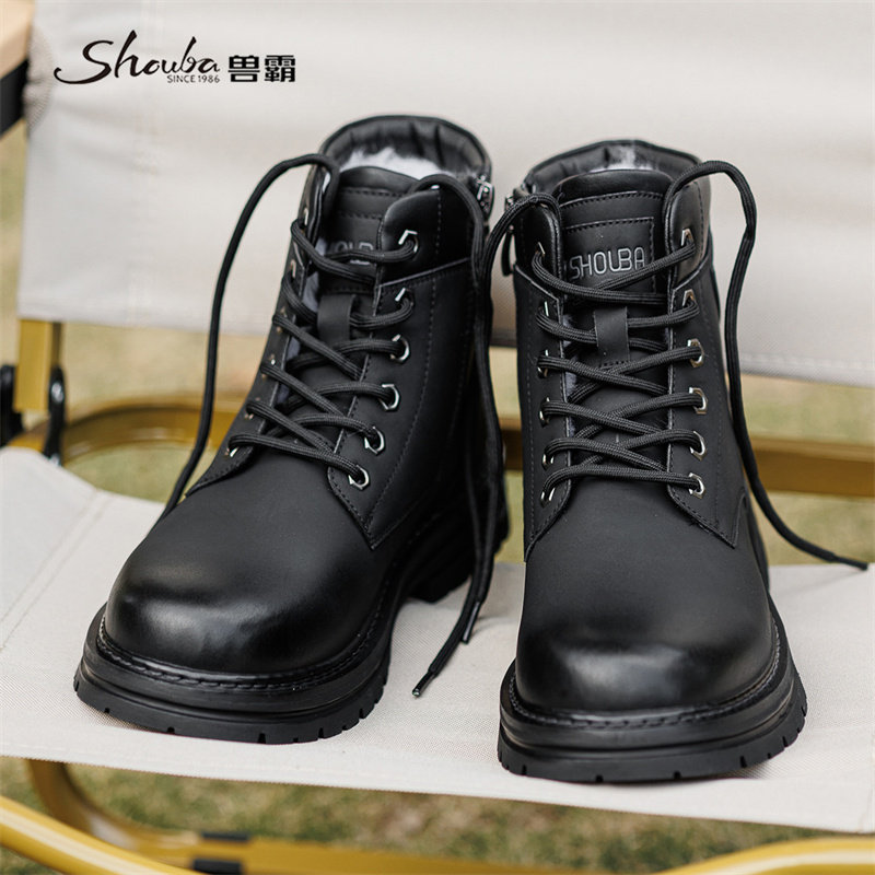 兽霸冬季新款羊毛马丁靴男真皮加绒加厚黑色工装靴休闲百搭男靴