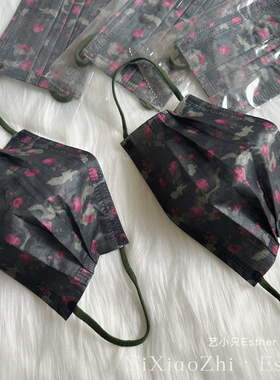 2025香港复古玫瑰碎花口罩军绿色印花一次性三层透气高颜值平面罩