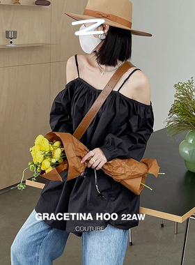 GRACETINA HOO设计感一字肩挂脖长袖衬衫女2022秋季性感心机衬衣