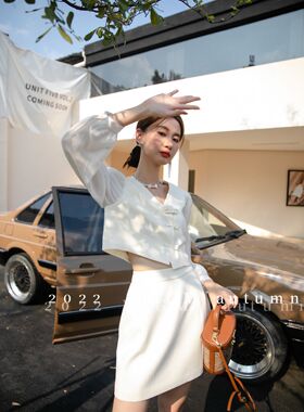 DIGM套装女秋季款时尚洋气高级感盘扣短外套+显瘦半身裙两件套装