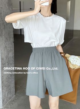 GRACETINA HOO休闲裤女夏2022韩版设计感宽松阔腿小众松紧腰短裤
