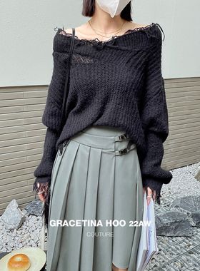 GRACETINA HOO针织毛衣女时尚小众流苏慵懒风一字肩两穿长袖上衣