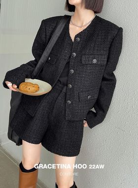 GRACETINA HOO复古高腰休闲短裤女秋季小香风粗花呢编织阔腿a字裤