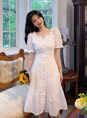 法式桔梗长裙泡泡袖a摆夏季白色初恋气质高腰收腰鱼尾裙连衣裙女