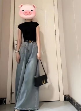 毛边流苏浅色牛仔裤女2025新款夏小个子时尚轻熟显瘦宽松阔腿裤子