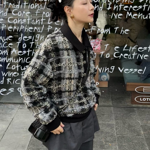 粗花呢小香风格纹卫衣套头上衣