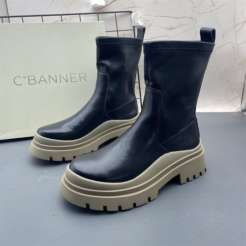 39码C.BANNER千百度撤柜牛皮女鞋平底防滑圆头套筒时尚气质短靴