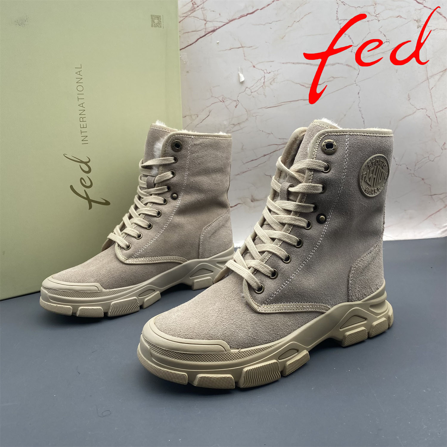 38码fed/艾芙伊迪撤柜断码牛皮女鞋羊毛加绒棉鞋平底圆头系带短靴