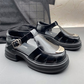 女 新款 轻便金属扣罗马时尚 牛皮真皮镂空包头厚底防滑猪笼鞋 凉鞋