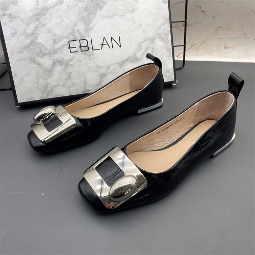 EBLAN/伊伴撤柜断码处理牛皮女鞋平跟防滑方头浅口时尚优雅单鞋