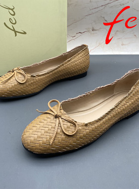 39码fed/艾芙伊迪撤柜断码女鞋内里羊皮平底防滑圆头浅口编织单鞋
