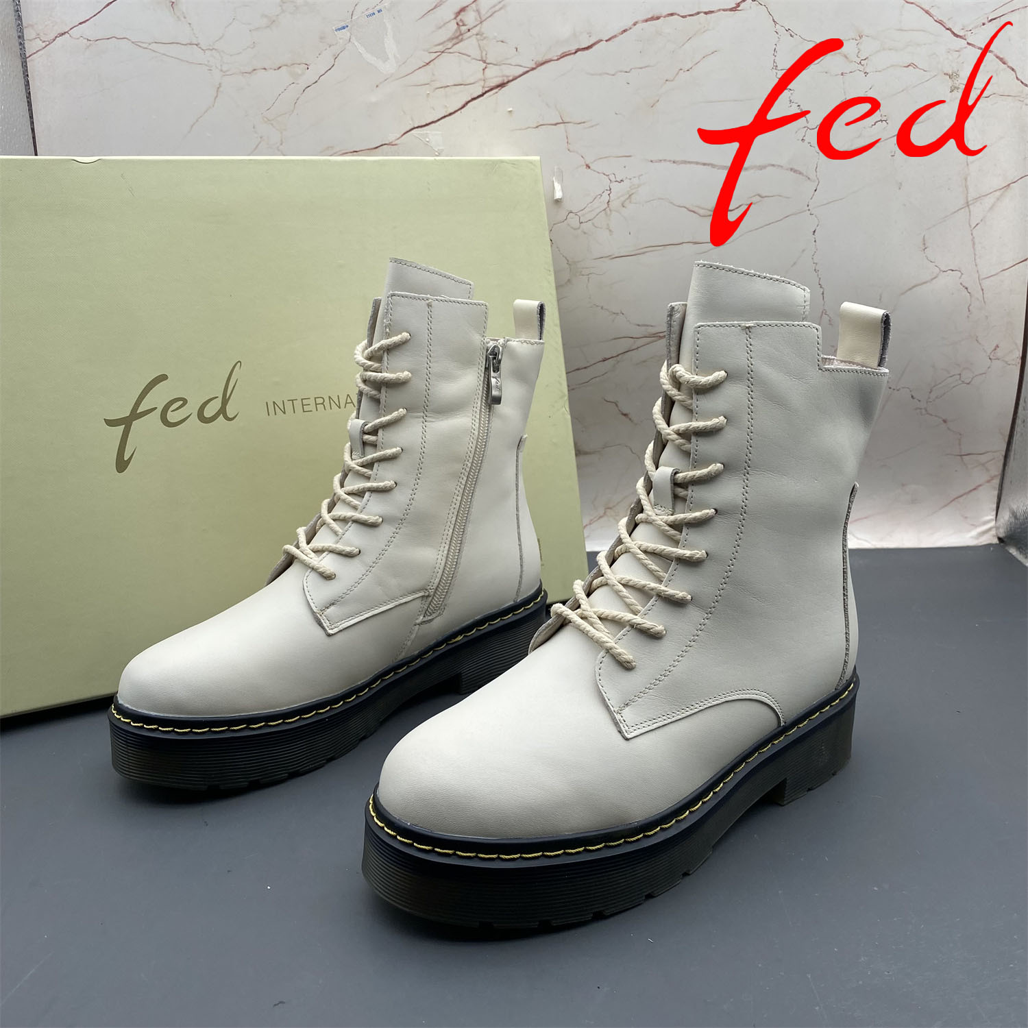 正品fed/艾芙伊迪撤柜断码牛皮女鞋羊毛加绒棉鞋侧拉链平跟短靴