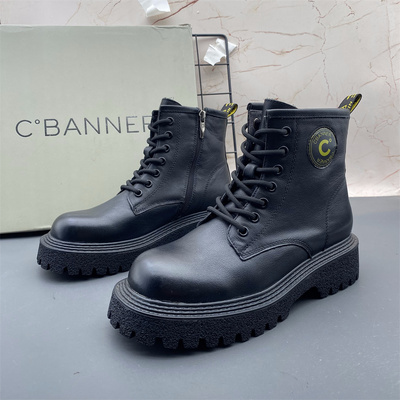 C.BANNER千百度撤柜断码牛皮女鞋平底防滑圆头系带侧拉链时尚短靴