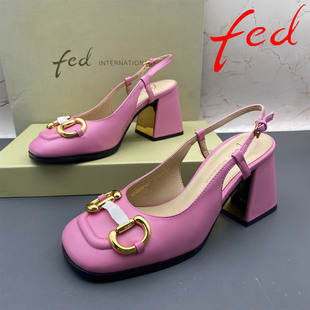 34码正品fed/艾芙伊迪撤柜羊皮处理女鞋粗跟高跟扣带包头后空凉鞋