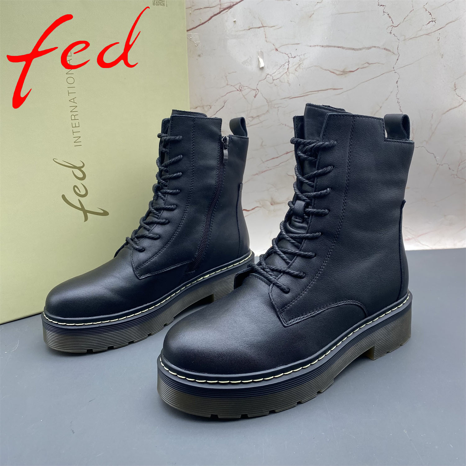 正品fed/艾芙伊迪撤柜断码牛皮女鞋羊毛加绒棉鞋侧拉链平跟短靴