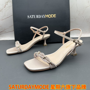 正品SATURDAYMODE断码撤柜牛皮女鞋水钻细跟高跟扣带中空露趾凉鞋