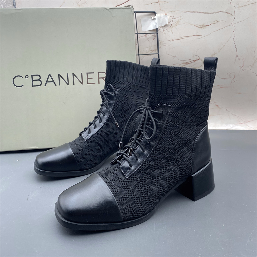 34码C.BANNER千百度撤柜牛皮女鞋中跟粗跟短靴方头套筒优雅弹力靴