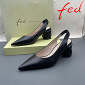 正品 粗跟高跟尖头包头后空凉鞋 fed 艾芙伊迪撤柜处理胎牛皮女鞋