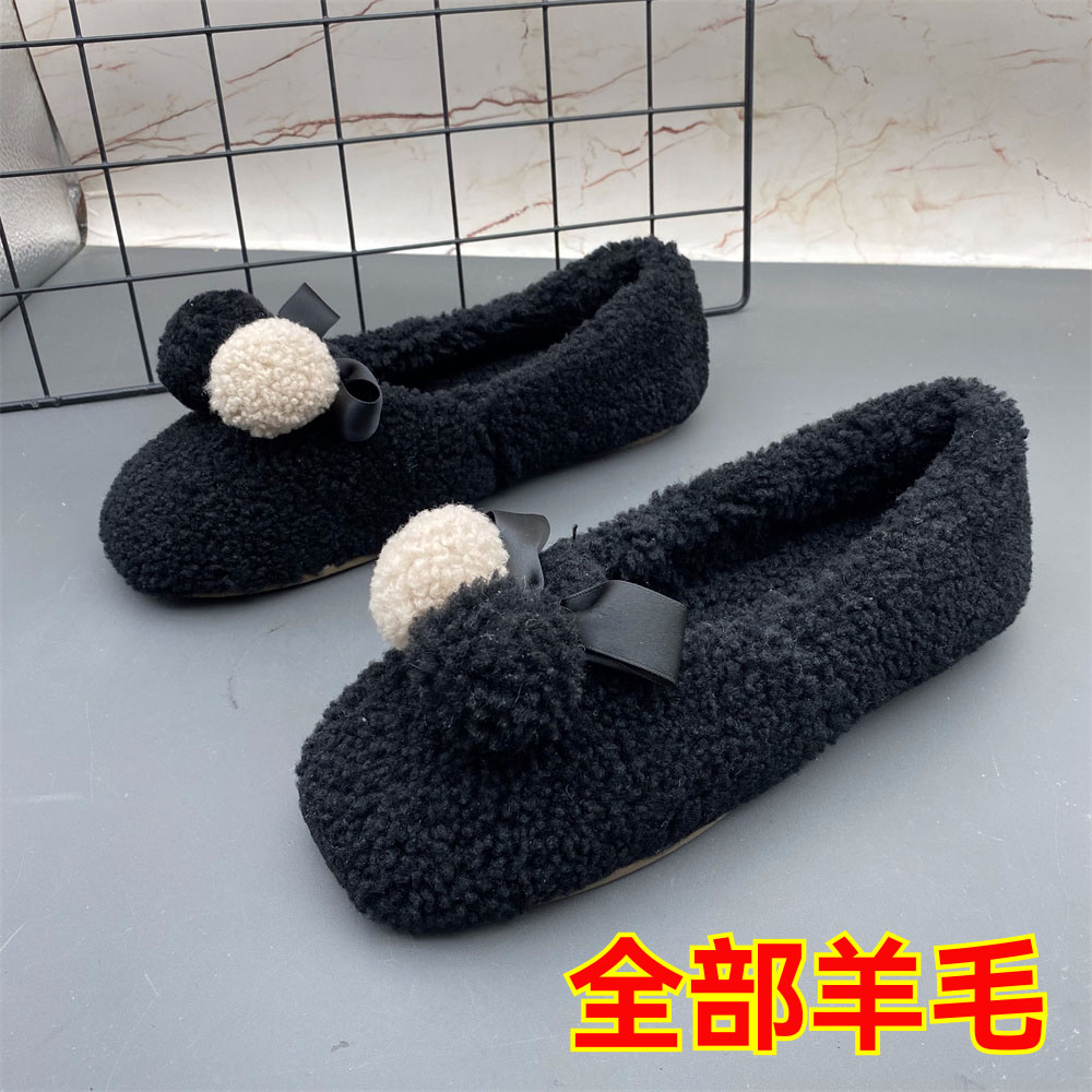 羊毛皮毛一体加绒棉鞋浅口平底防滑内外全部羊毛冬季加绒棉鞋女