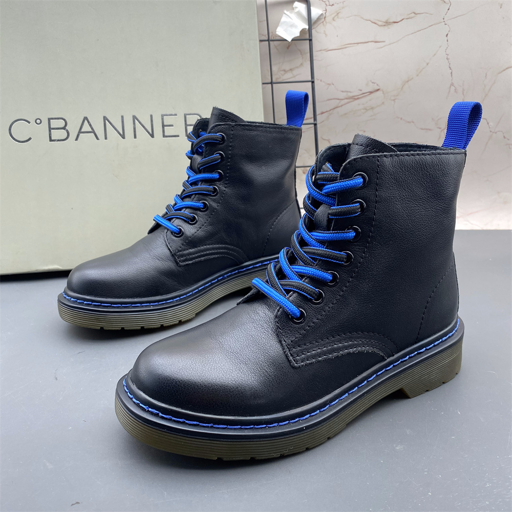 C.BANNER千百度撤柜断码牛皮女鞋系带平底防滑圆头时尚休闲马丁靴
