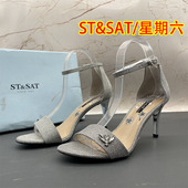 正品 凉鞋 ST&SAT星期六撤柜女鞋 水钻细跟高跟中空包跟扣带露趾时尚