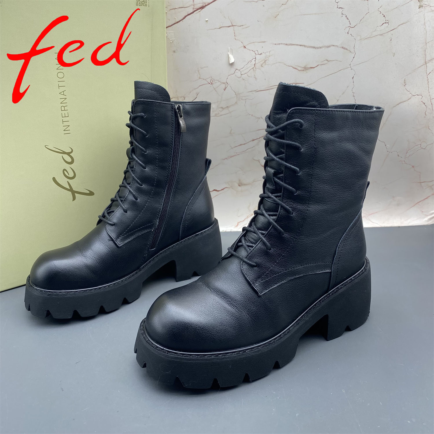 37码fed/艾芙伊迪撤柜断码牛皮女鞋圆头系带侧拉链加绒棉鞋短靴