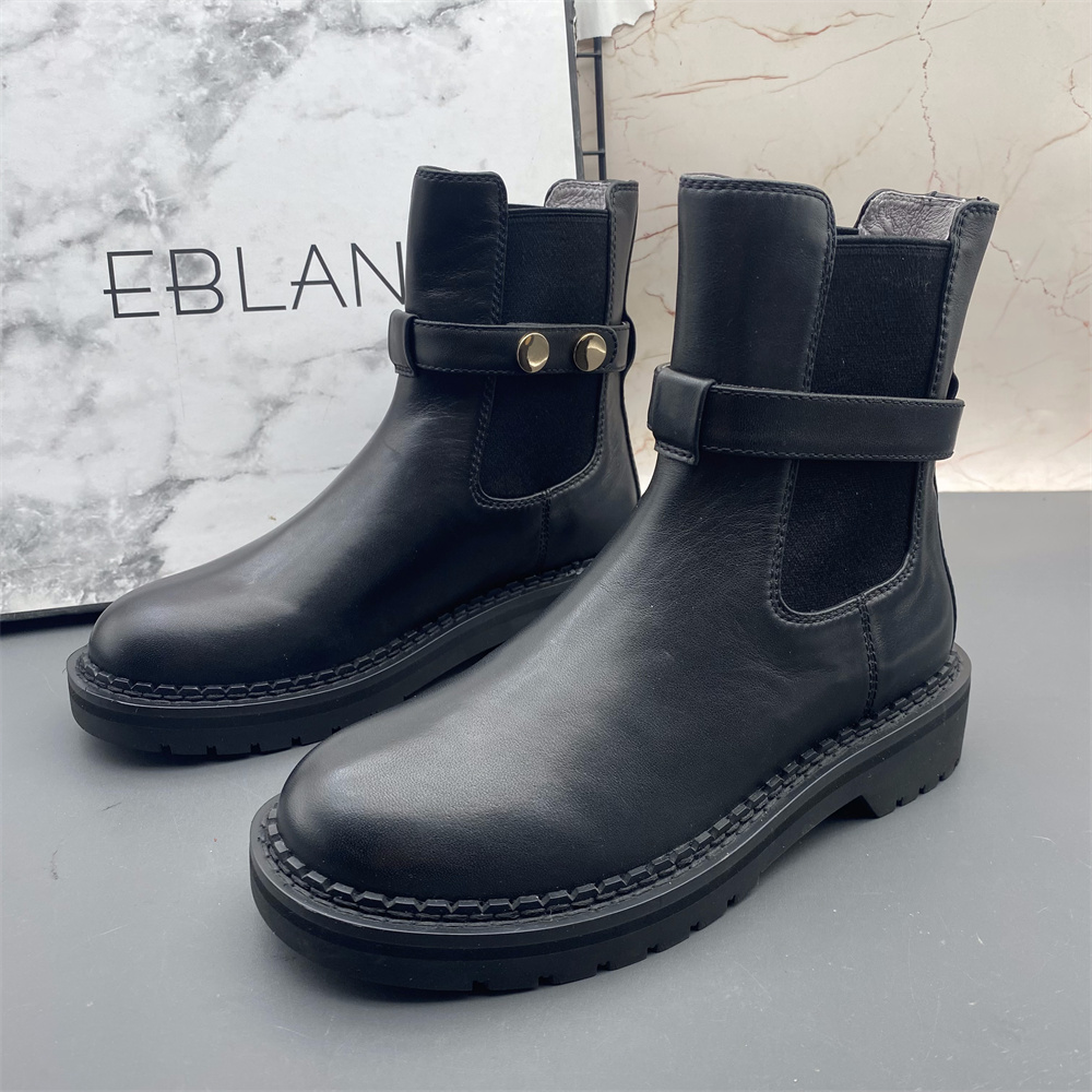 EBLAN/伊伴正品牛皮撤柜断码处理女鞋圆头套筒平跟真皮切尔西短靴