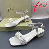 正品 中跟粗跟扣带中空露趾气质凉鞋 fed 艾芙伊迪撤柜羊皮处理女鞋