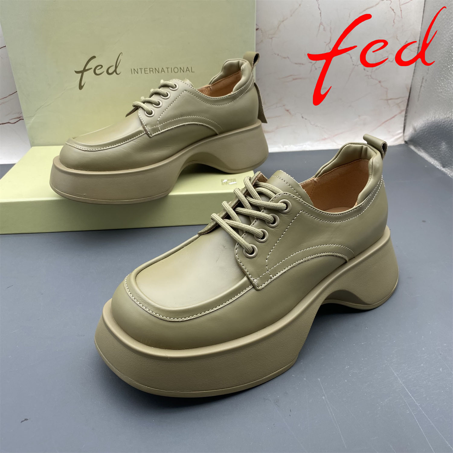 36码正品fed/艾芙伊迪撤柜处理牛皮女鞋系带日常平底防滑系带单鞋