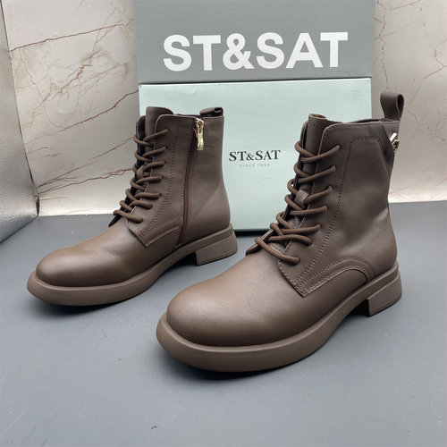 正品ST&SAT星期六撤柜断码牛皮女鞋平跟侧拉链防滑真皮系带马丁靴
