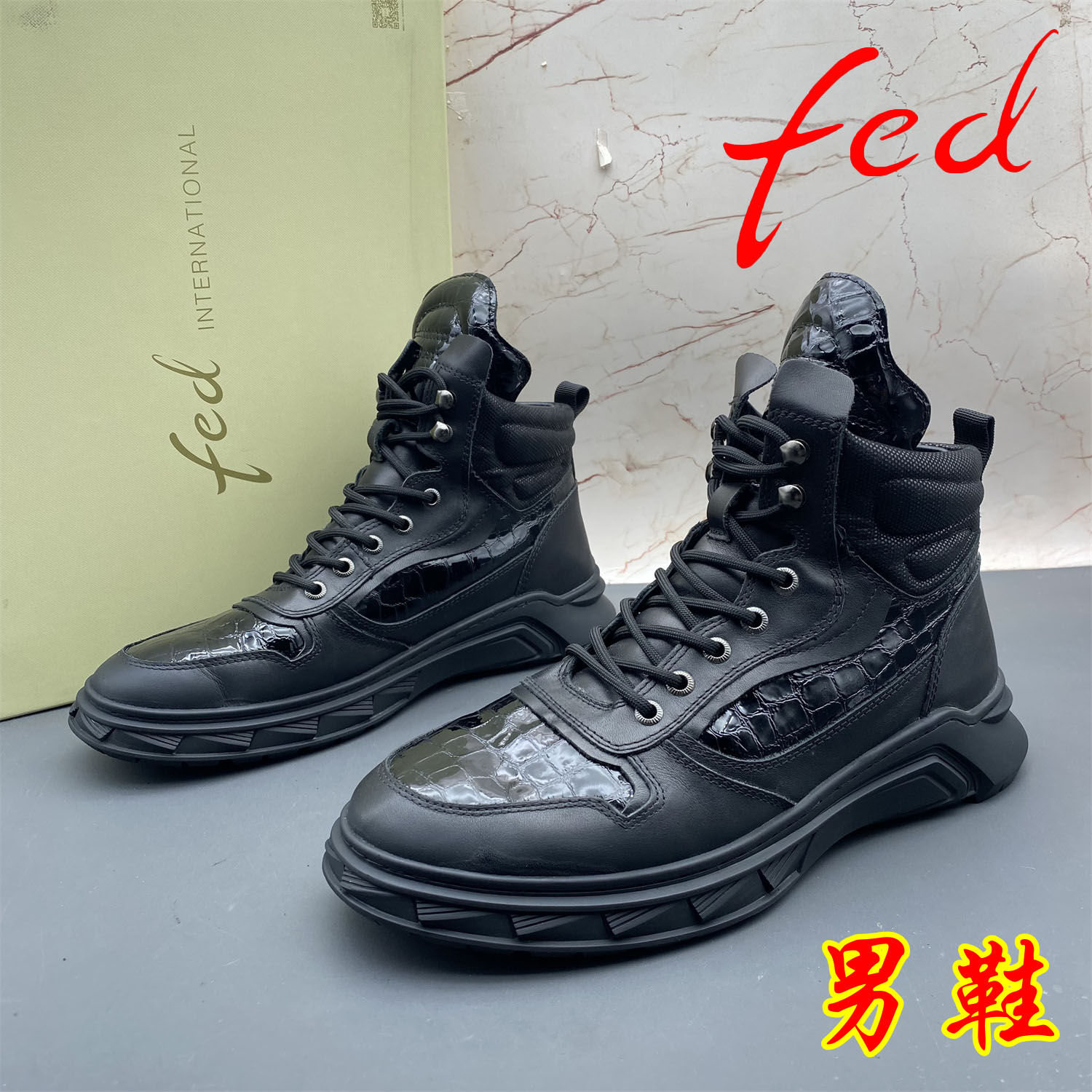 42码fed/艾芙伊迪撤柜断码牛皮男鞋防滑平底系带加绒棉鞋羊毛短靴