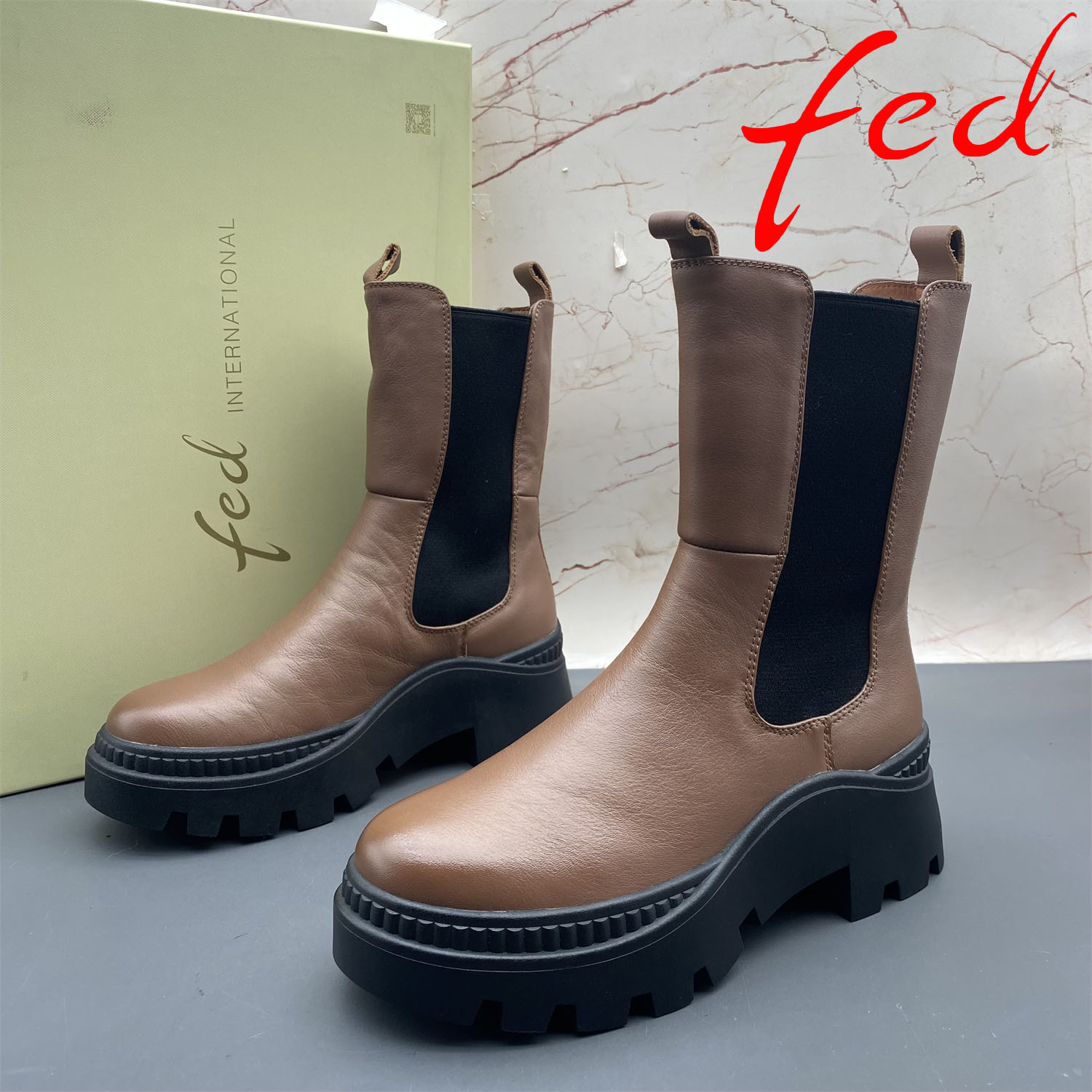 37码fed/艾芙伊迪撤柜断码牛皮女鞋加绒保暖棉鞋套筒圆头平跟短靴