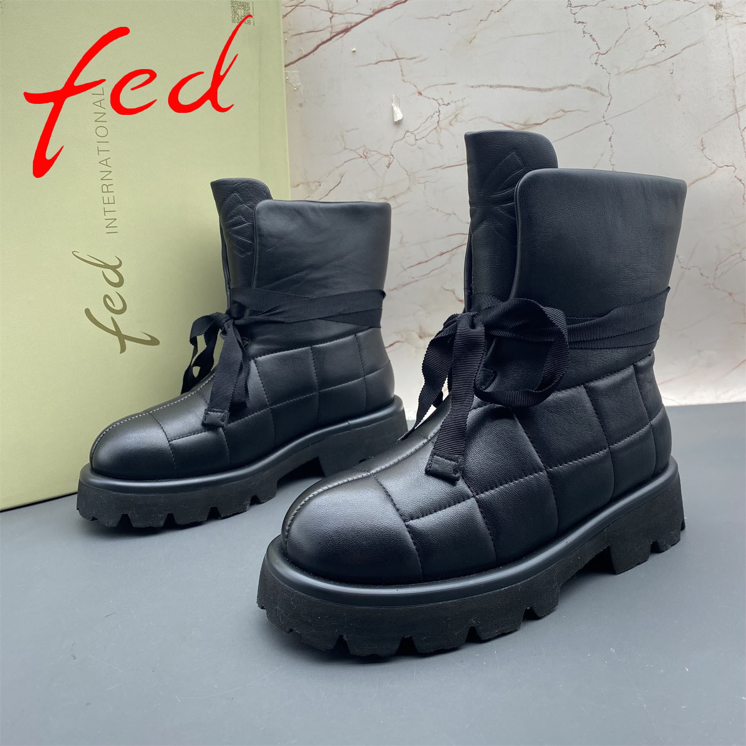 34码fed/艾芙伊迪撤柜羊皮女鞋平跟防滑羊毛加绒棉鞋圆头雪地靴