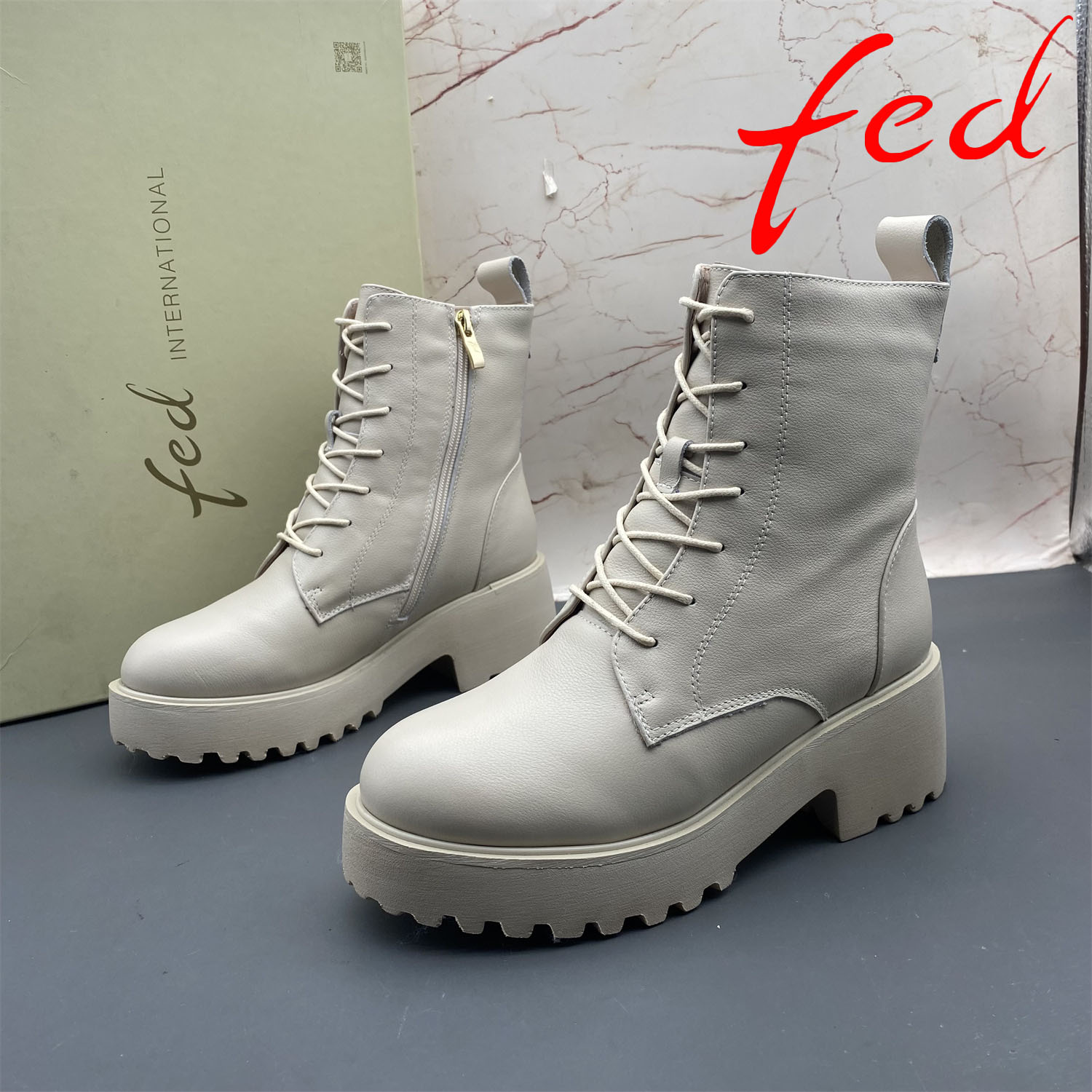 正品fed/艾芙伊迪撤柜断码牛皮羊毛女鞋侧拉链系带棉鞋圆头短靴