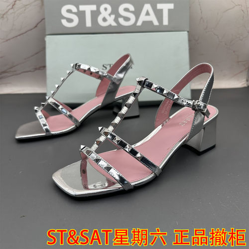 正品ST&SAT星期六撤柜断码牛皮女鞋铆钉粗跟高跟露趾后空凉鞋