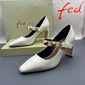 正品 细跟高跟扣带铆钉尖头玛丽珍单鞋 fed 艾芙伊迪撤柜羊皮女鞋