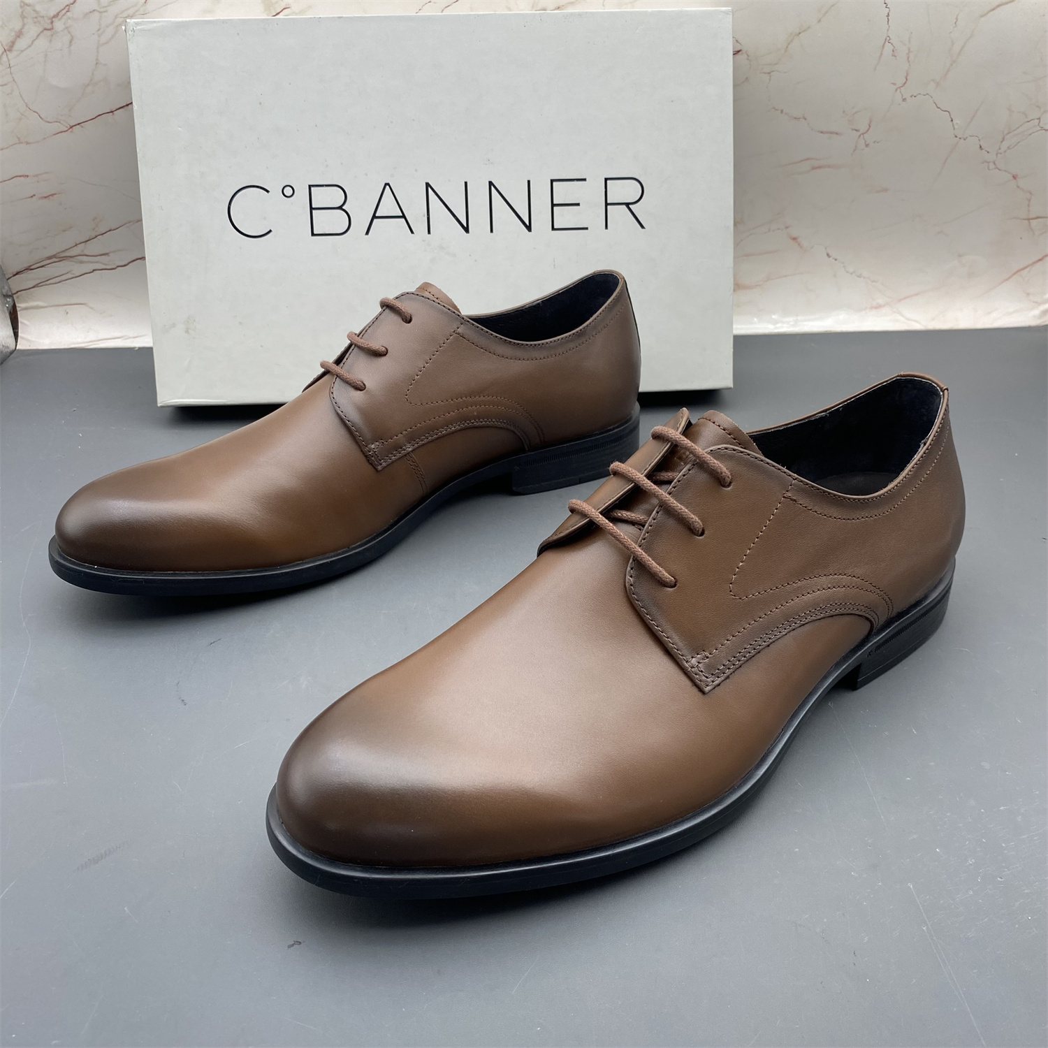 C.BANNER千百度撤柜断码牛皮男鞋系带圆头稳重防滑商务正装皮鞋
