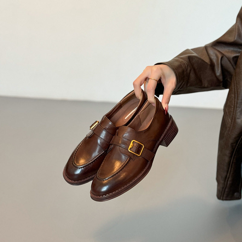 复古圆头中跟小皮鞋女软皮2026春新款真皮粗跟乐福鞋金属扣豆豆鞋,女鞋,时尚休闲鞋,淘宝优惠券,粉丝福利购,淘宝优惠卷