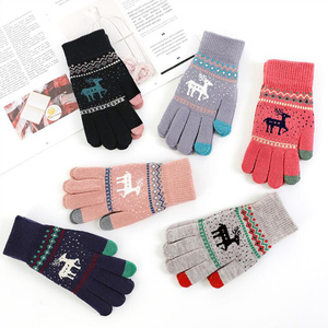 手套针织触屏男女冬季保暖加厚加绒户外骑行提花可爱麋鹿韩版手套