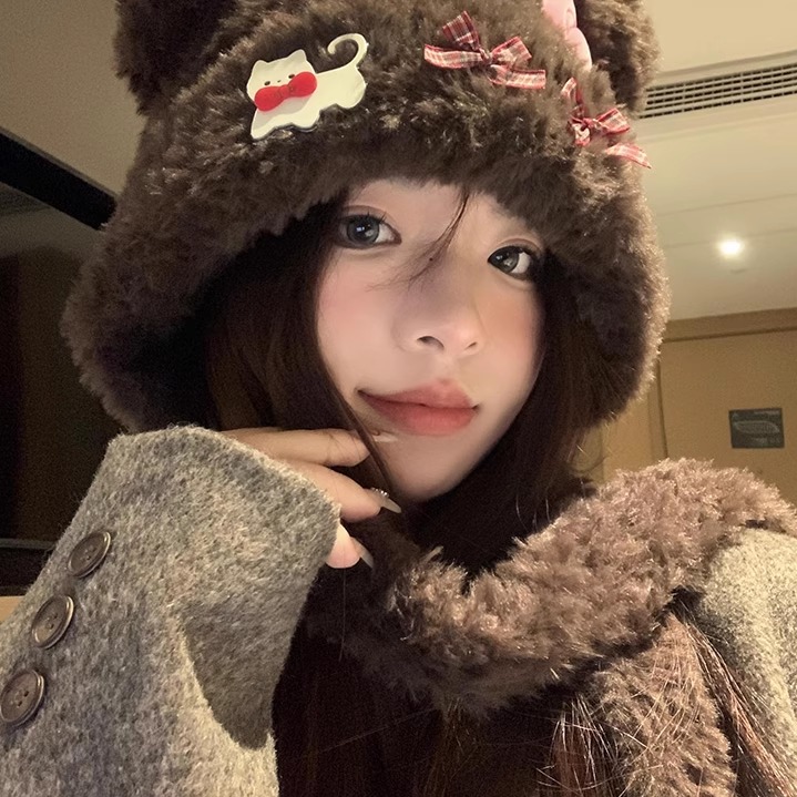可爱小熊耳朵猫咪蝴蝶结毛绒帽女秋冬季保暖护耳雷锋帽显脸小帽子