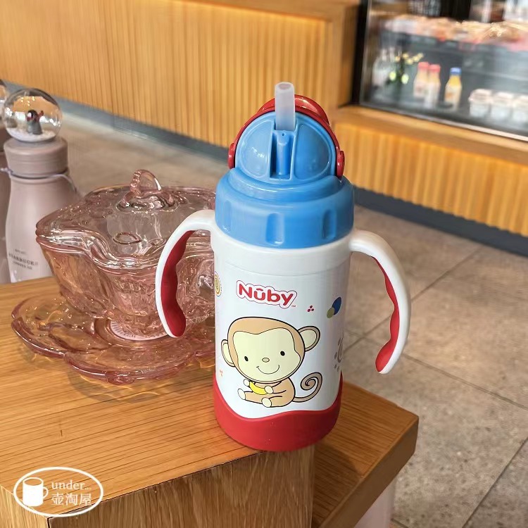 美国努比nuby儿童不锈钢真空保温翻盖吸管杯手柄学饮水杯 10151