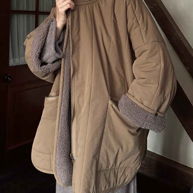 女士厚款外套日系宽松棉服保暖外套羊羔毛内里中长款棉衣