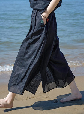 2025夏薰黑色细支苎麻轻薄细腻松紧腰八分裙裤文艺复古薄款宽松裤