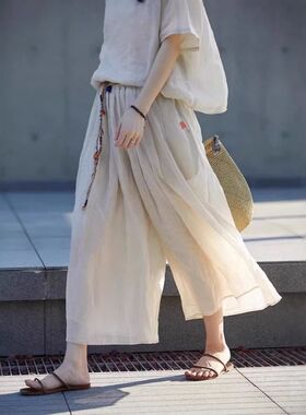 2026年新款裙裤米杏色细支苎麻松紧抽绳腰八分长裙裤夏季女阔腿裤