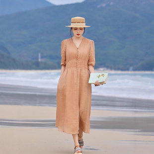 2025夏新款苎麻女装 旅行文艺V领五分袖长款连衣裙女褶皱有内衬