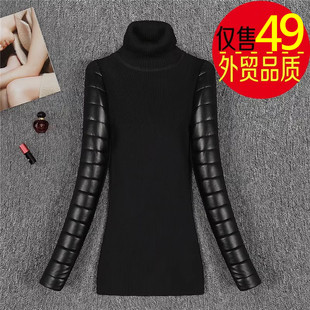 子内搭修身 配皮草羽绒马甲夹棉袖 针织毛衣女秋冬 加厚打底衫 PU皮袖