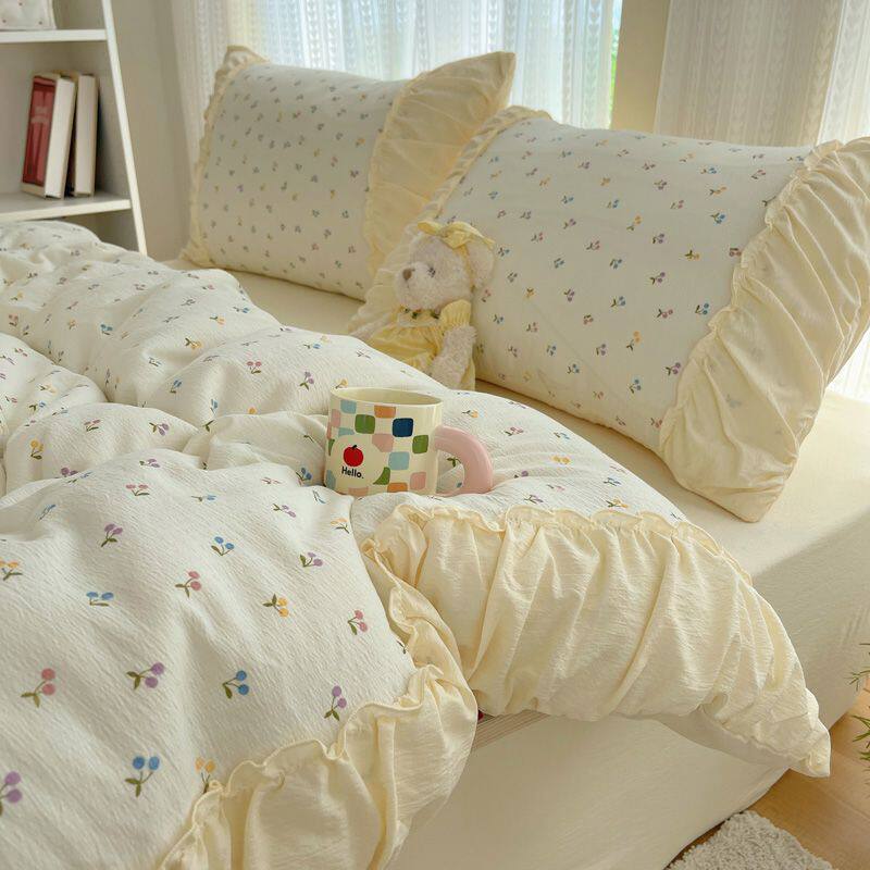 ins韩式奶油小樱桃双层纱花边四件套简约床单床笠学生被套三件套