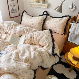 ins简约少女心水洗双层纱被套花边四件套床单床笠宿舍床品三件套