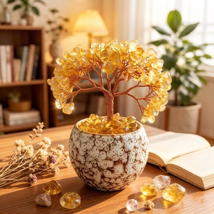天然黄水晶发财树摆件办公室桌面装饰品招财树开业礼品送礼天然石